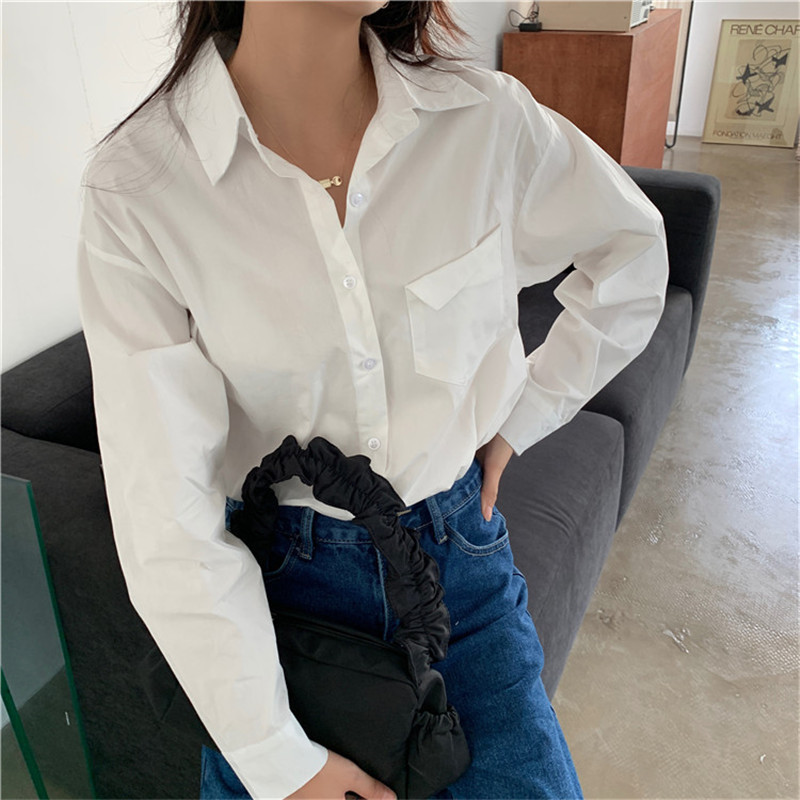 Arrival Spring Autumn OL Elegant Lapel Basic Shirt Women Blouses Tops Loose Long Sleeve Work Wear Woman Clothes 210421