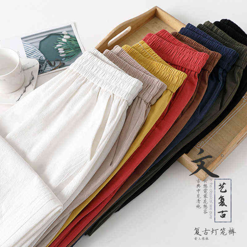 Summer Autumn Casual Cotton Linen Pants Women Elastic Waist Solid Basic Loose Women's Harem Plus Size Trousers 211115