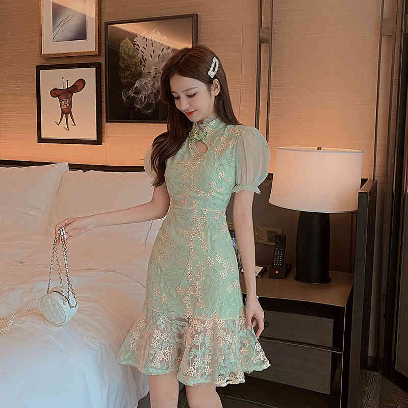 Chinese Style Fashion Stand Collar Lace Embroidery Slim Mini Dress Vintage Elegant Ruffles Female 210519