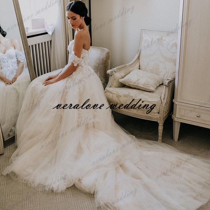 Sweetheart Off Shoulder Wedding Dress Lace 3D Flowers Bride Gowns A Line Country Boho 2021 Vintage Bridal Dresses