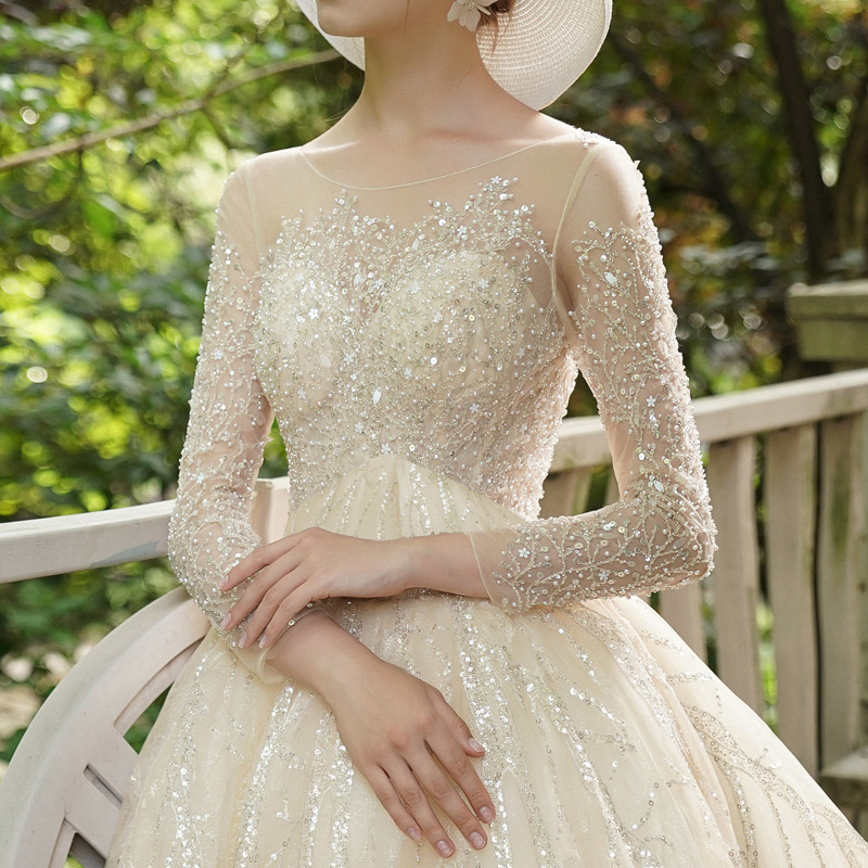 Classic Dresses With Jewel Long Sleeves Sequins Appliqued Race Vintage Ball Gown Wedding Dress Custom Made Vestidos De Novia