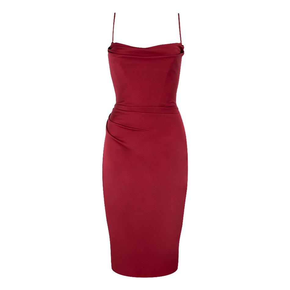 Ladies Sexy Spaghetti Strap Midi Dress Elegant Burgundy Club Party Halter Skinny Celebrity 210525