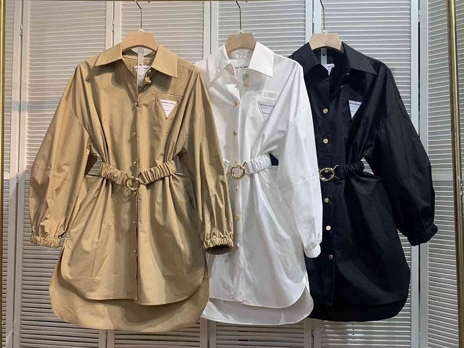 Free Spring Women's Loose Shirt Dress Lapel Lantern Sleeve With Belt Single Breasted Casual Midi Dresses 210524