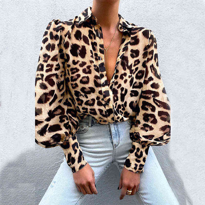 2021 Autumn Puff Sleeve Shirts Blouse Women Floral/Leopard Long Sleeve Lapel Buttons Vintage Shirts Elegant Blouses Tops Female Y211125
