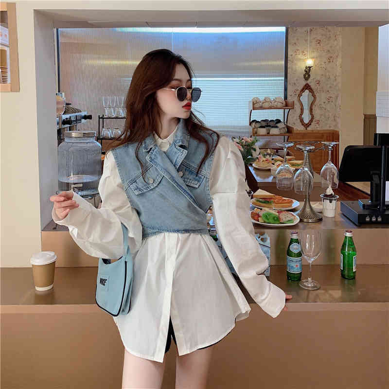 VGH White Minimalist Shirt For Women Lapel Puff Long Sleeve Casual Basic Spring Blouse Female Fashion New Clothing Tide 210421
