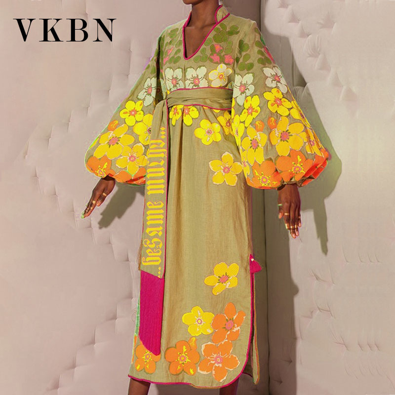 VKBN Summer Dress Women Puff Sleeve Yellow Flowers Printing with Sashes Loose V-Neck for Party Plus Size Fashion Clothing 210507