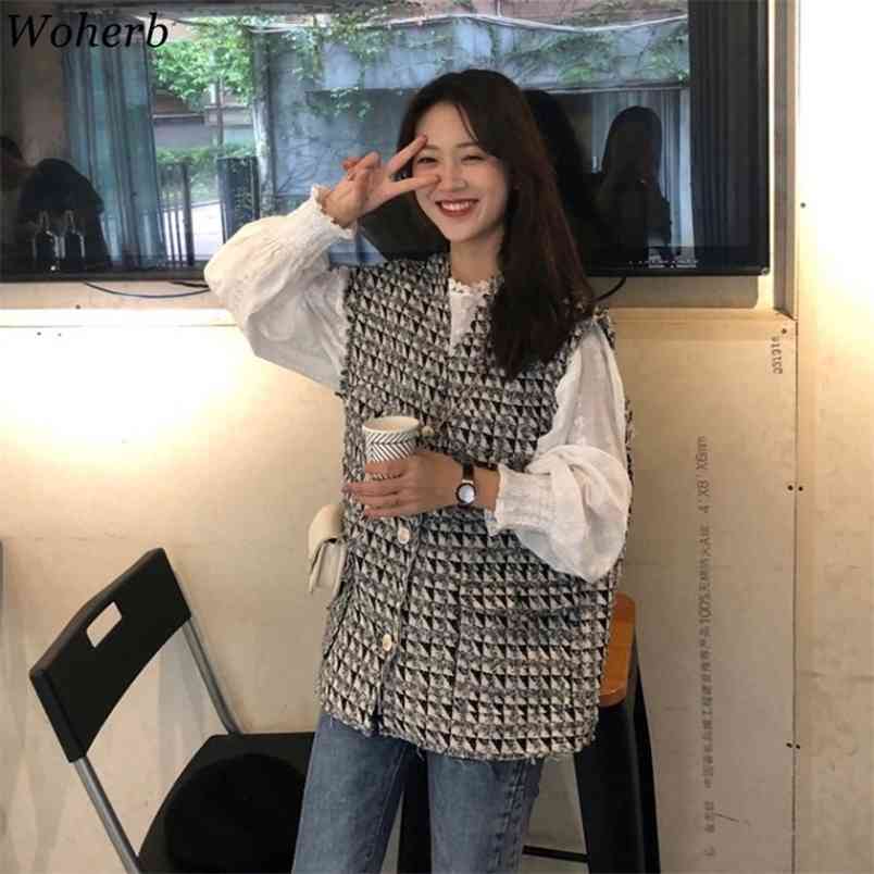 Spring Suit Women Retro Tweed Grid Vest Jacket long Sleeve Solid O Neck Shirt Korean Fashion Elegant 2 Piece Set Female 210519