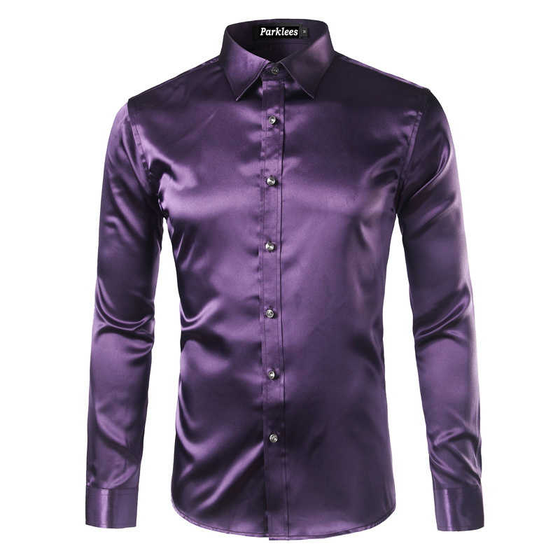 High Quality Silk Satin Shirt Men Chemise Homme Casual Long Sleeve Slim Fit Mens Dress Shirts Business Wedding Male Shirt 210410