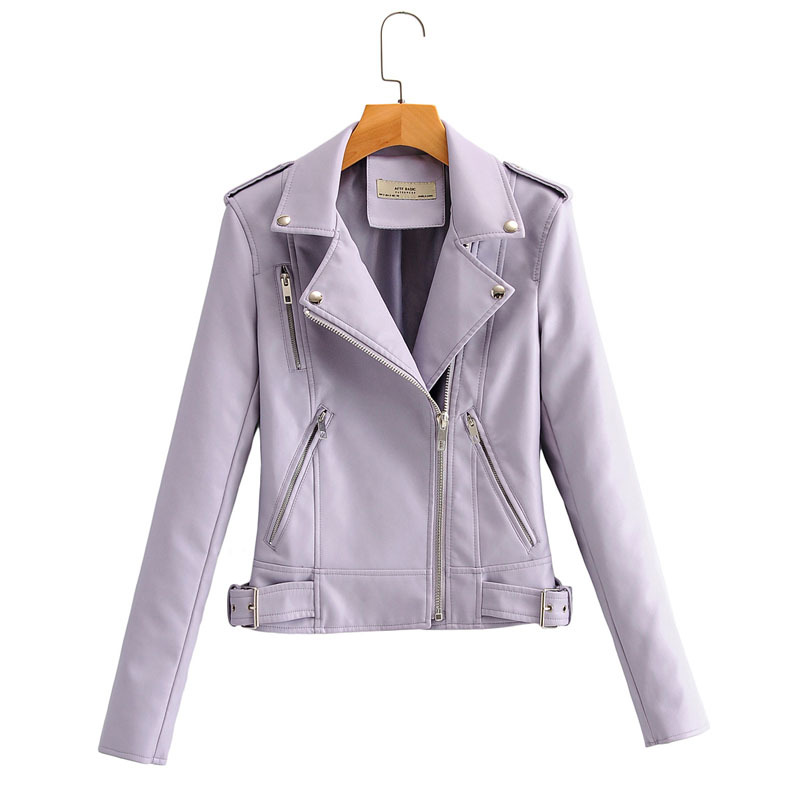 PU Slim Lapel Long Sleeve Windproof Candy Color Chic Korean Motorcycle Female Jacket Harajuku Simple Zipper Women's Coat 210507