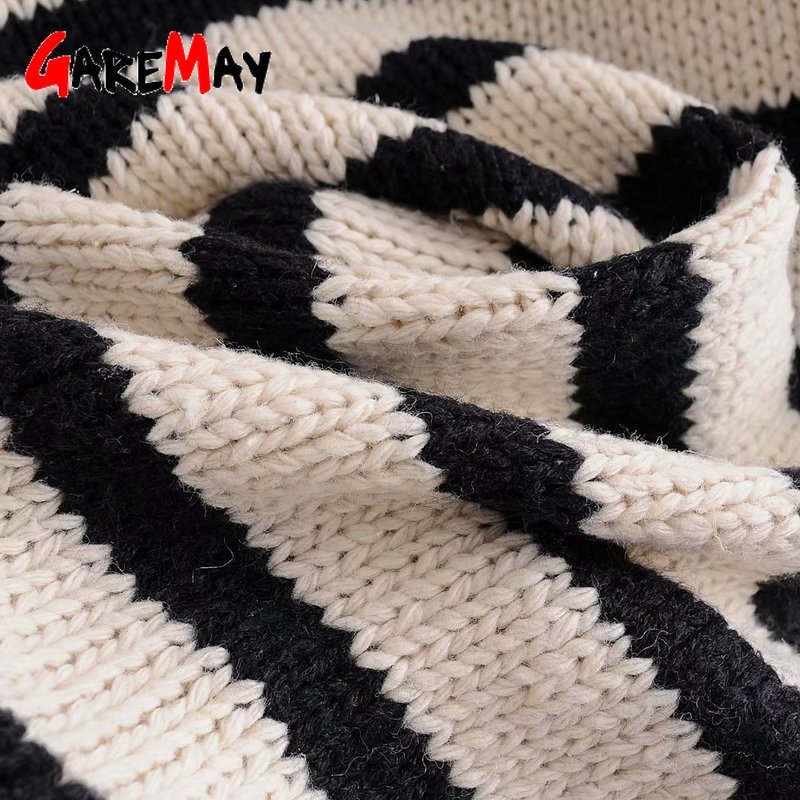 Oversized Striped Turtleneck Sweater Female Winter White Knitted Jumper Button Loose Fashion Womens Pullover 210428