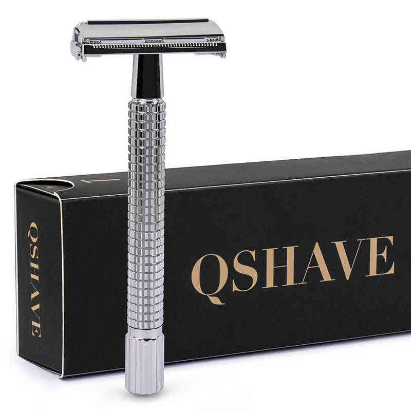 Qshave Double Edge Safety Razor Long Handle Butterfly Open Classic Safety Razor silver color, 1 Handle & 5 blades 220112