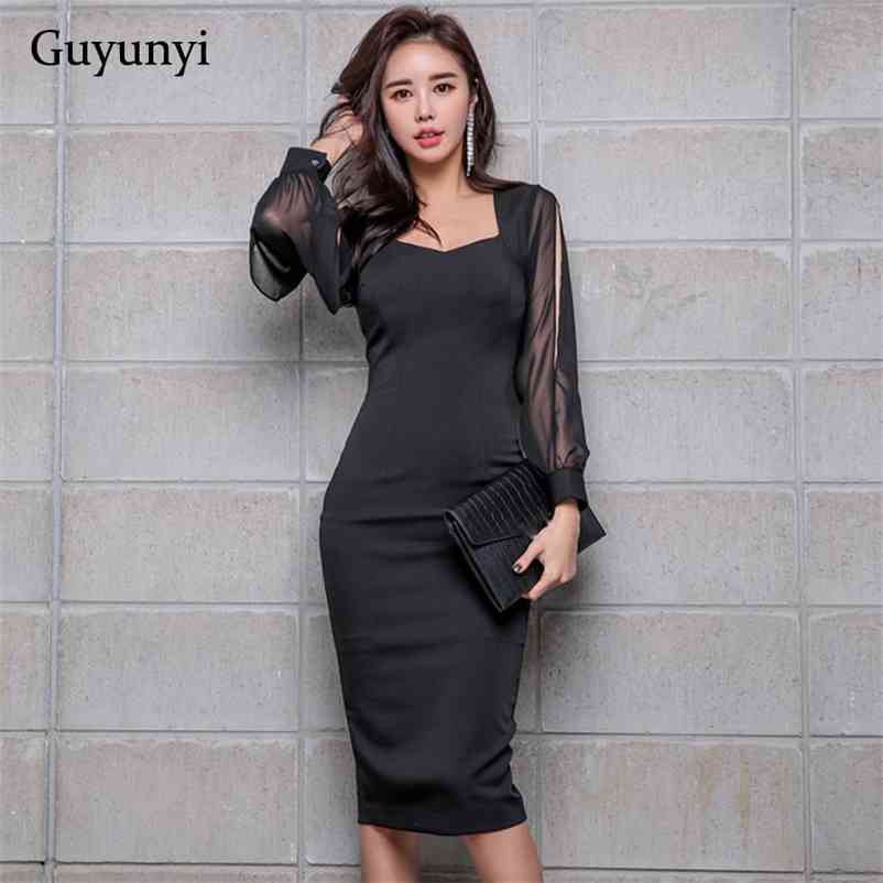 Black Elegant Office Dress Spring High Waist Tight Dress Chiffon Stitching Nine-Point Sleeves Athens Party Women's Dresses 210409