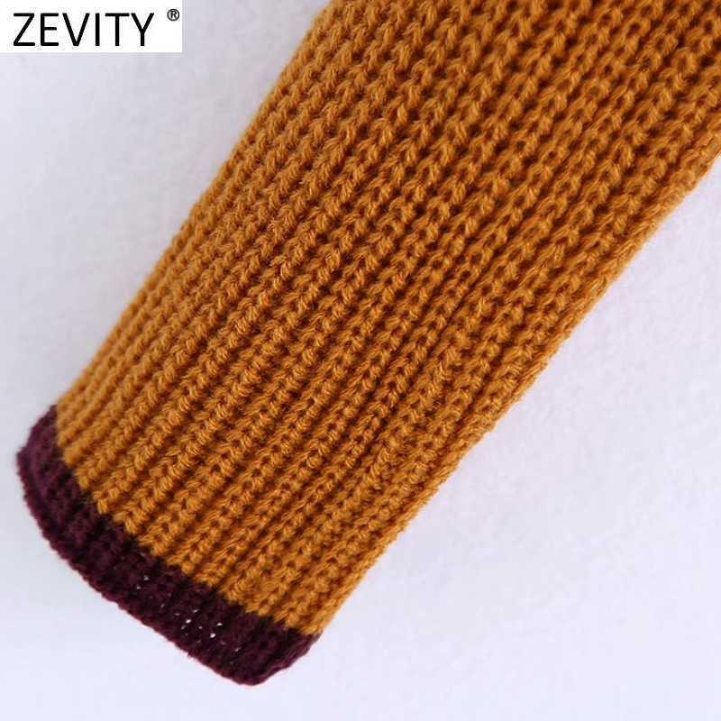 Zevity Women Fashion Oversleeve Two Wear Short Knitting Sweater Female Chic O Neck Patchwork Pullovers Crop Tops SW817 210603