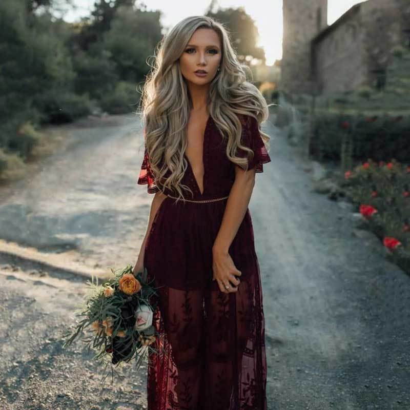 Boho Inspired gypsy embroidery LACE MAXI DRESS Plunge Neck slit side tunic summer dress new sexy beach dress clothes female 210331Z