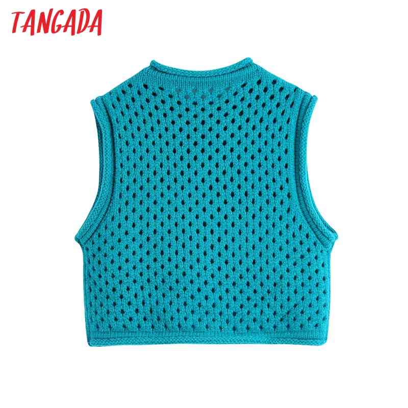 Women Fashion Hollow Out Crop Knitted Vest Sweater O Neck Sleeveless Female Waistcoat Chic Tops BE491 210416
