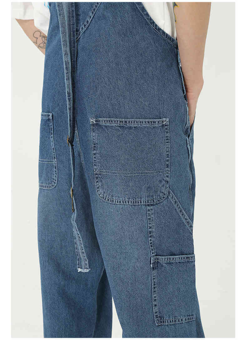 IEFB Men's Wear Spring Summer Loose Blue Overalls Front Single Big Pockets Denim Toursers Causal Jumpsuit Male 9Y5095 210524