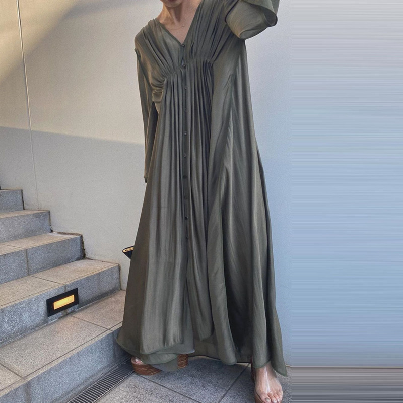 Women Long Sleeve Spring Summer V Neck Casual A-Line High Waist Pleated Maxi Dresses Office Ladies 210427