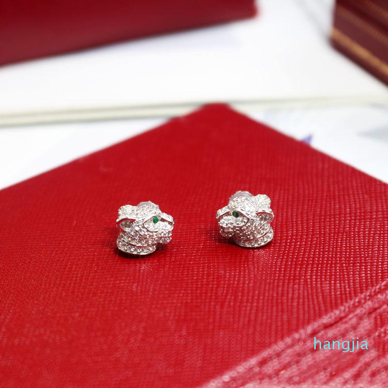 Leopard Head Green Eyes Stud Earring 925 Sterling Silver Full Zircon Beads Panther Women Animal Bridal Jewelry