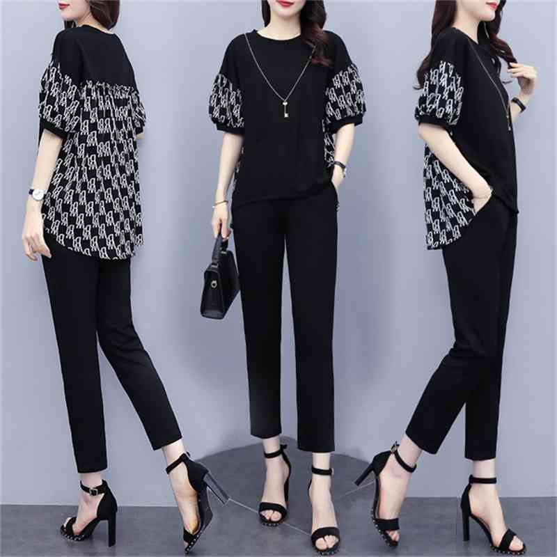 Summer Fashion Loose Pants Set Women 2 Piece Sets Plus Size Outfits Korean Short Sleeve Tunic Tops + Elastic Waist Suits 210514