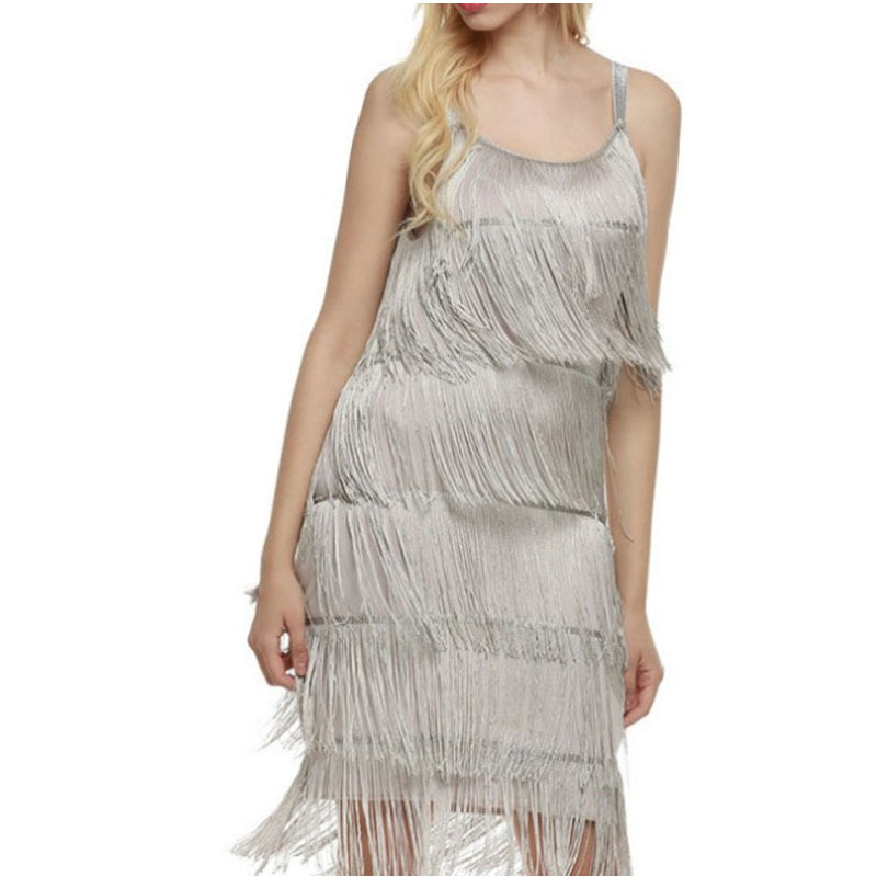 Tassel Dress Women Sexy Summer Flapper Beach Dress Strap Low Cut Black Silver White Short Fringe Party Dresses A-005 210409