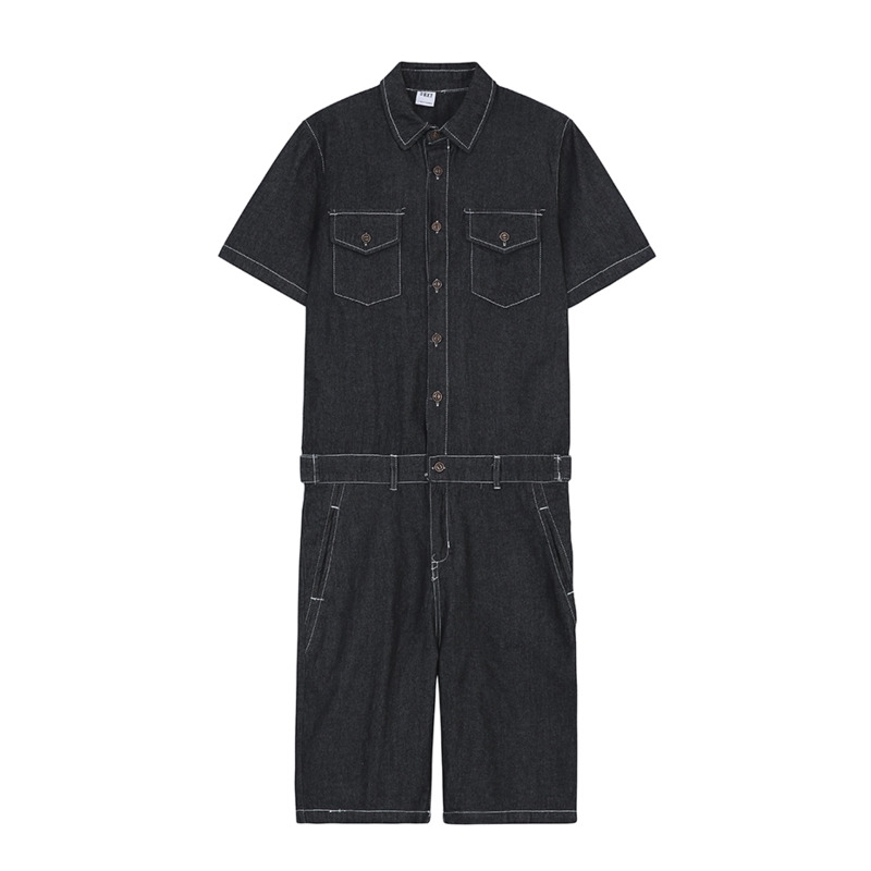 IEFB Summer Workwear Short Sleeve Jeans Jumpsuit Men's Korean Trend Loose Overalls Shorts Single Breasted 210524