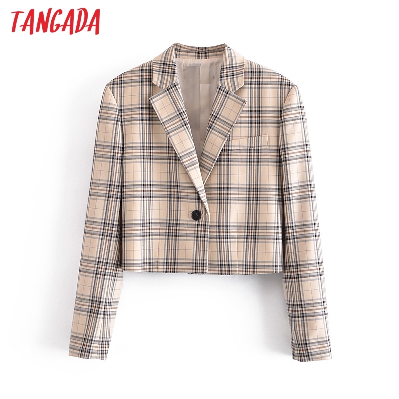 Women Fashion Plaid Print Crop Blazer Coat Vintage Long Sleeve Female Outerwear Chic Tops 3H267 210416