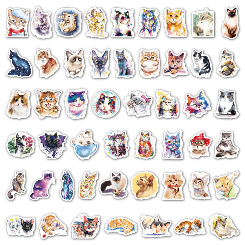 Watercolour Animal Guitar Stickers Cartoon Cute Cats DIY Graffiti Decals For Motorcycle Car Luggage iPad Phone Games Skateboard Notebook Toys Gift Dec