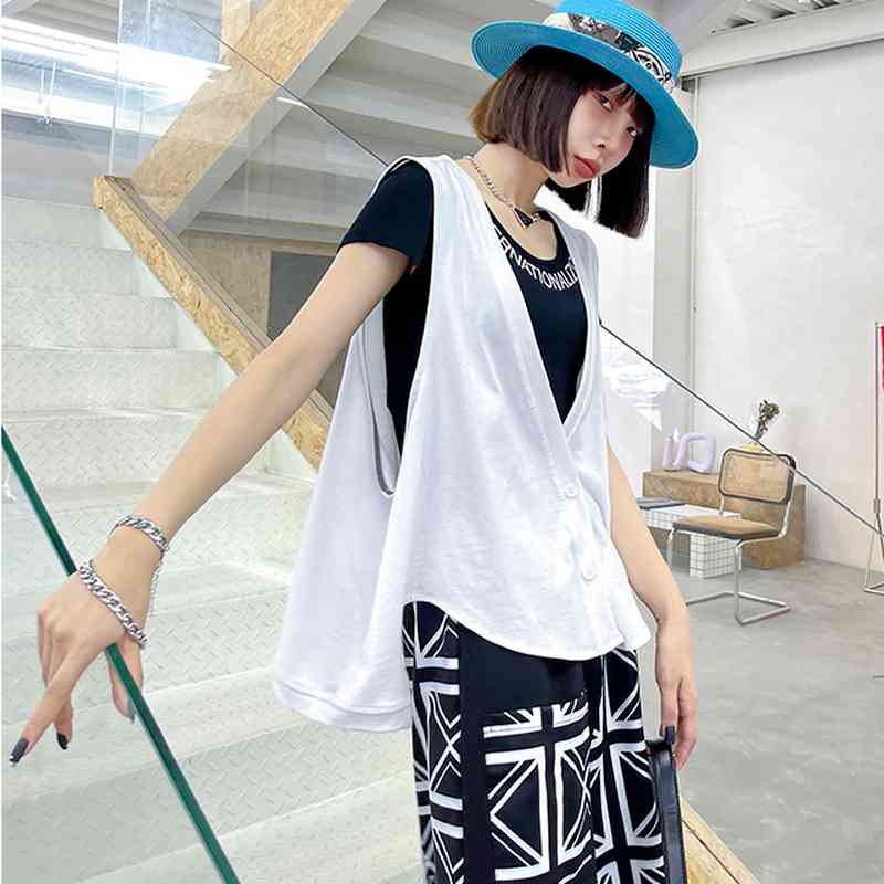 Japan Style Solid High Street Women Vest Summer Simple Single Breasted Sleeveless Coat Fashion Loose Chic Tank 210519