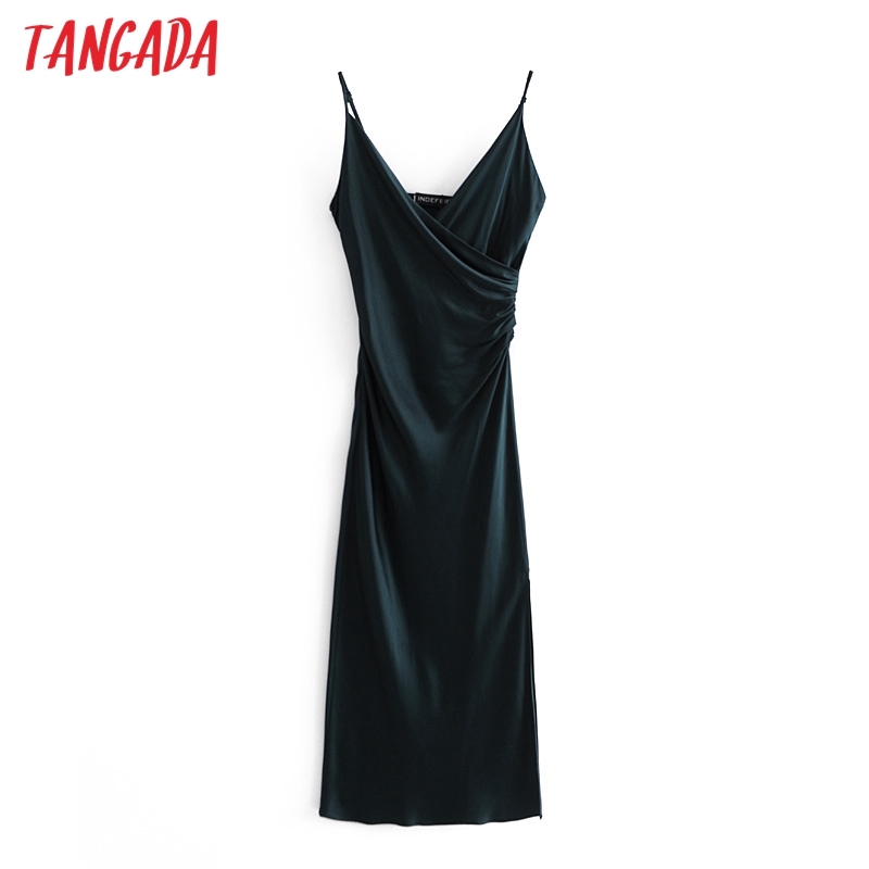 Fashion Women Sexy Satin Party Dress Spaghetti Strap Arrival Ladies Midi Robe 3H145 210416