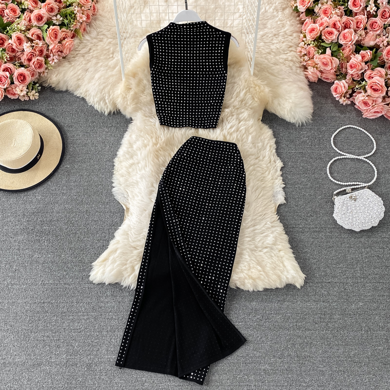 Woman Sexy Club Party Two Piece Sets Clothing Summer Diamond Stand-up Collar Crop Tops High Waist Wrap Skirt Outfits Woman Suits 220217