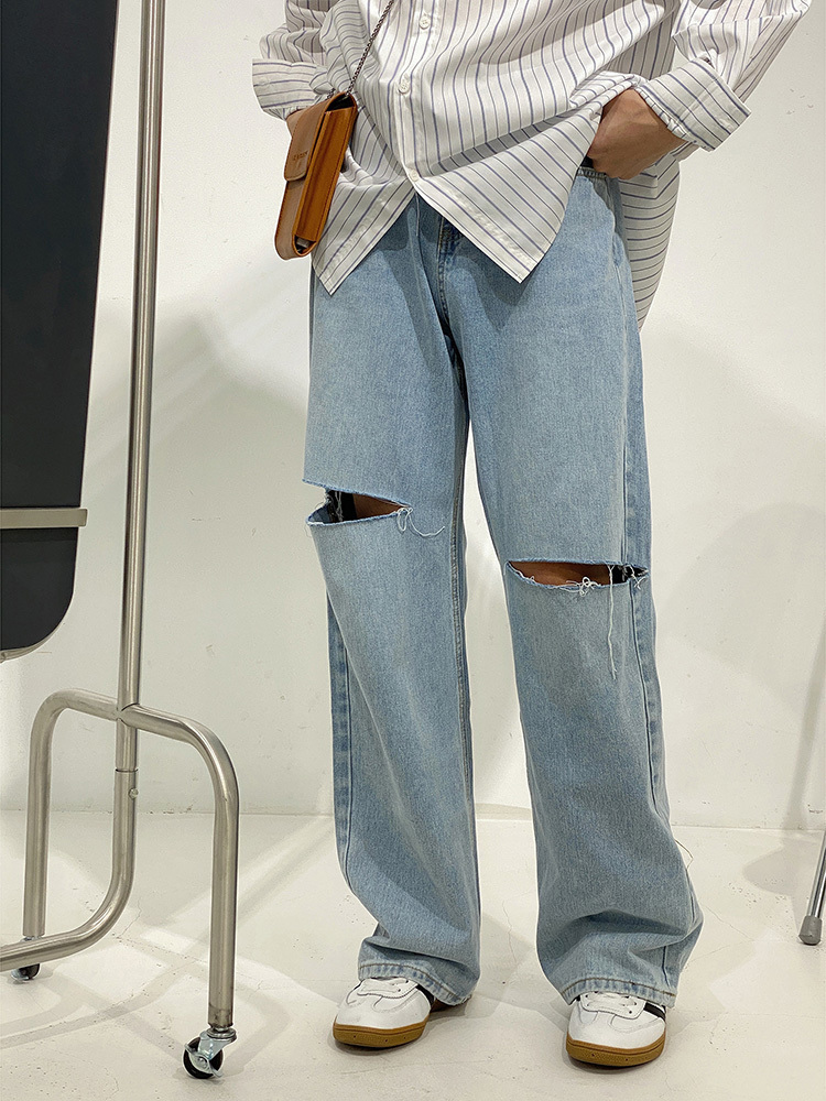 IEFB Men's Denim Trousers Korean Spring Summer Light Blue Jeans With Holes For Male Straight Denim Pants Vintage 9Y6223 210524