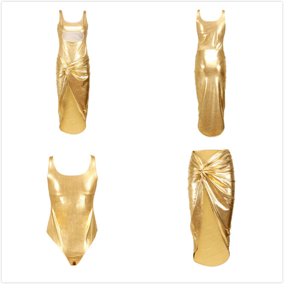 Free Gold Layer Sexy Dress Sleeveless Hollow Open Back Split Bodycon Club Celebrity Party Vestidos 210524