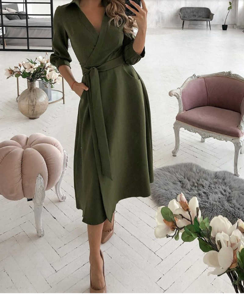 Spring and summer fashion plus size ruched dress long-sleeved V-neck print bag hip dress women's clothing dress for women 210630