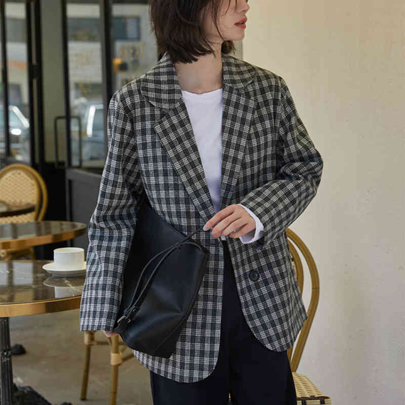 Women Elegant Plaid Blazer Jackets Spring Autumn Long Sleeve Double Button Woolen Suits Coats Female Fashion Outwear 210514