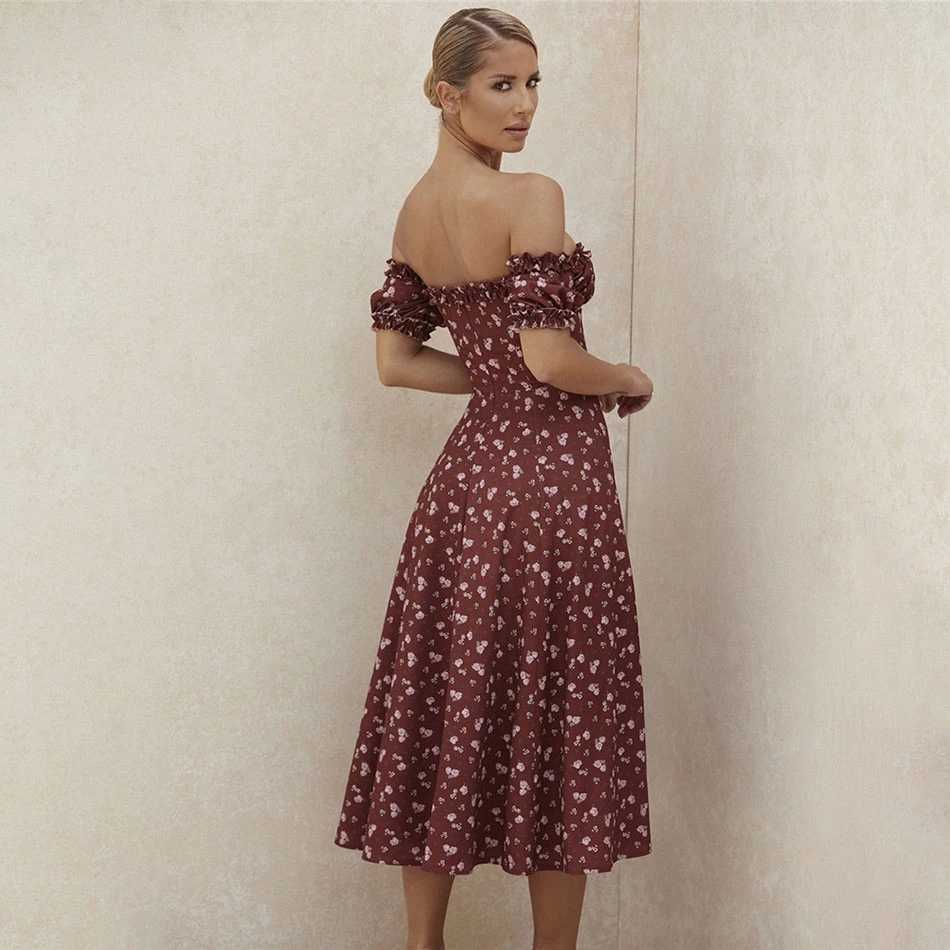 Fall Women'S Fashion Print Dress Vestidos Sexy Strapless Short Sleeve Runway Celebrity Club Party Long 210527