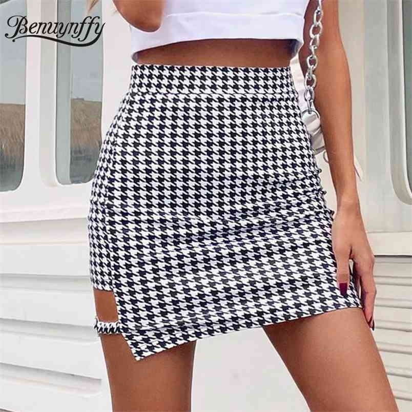 Black and White Houndstooth Print Skirts Women Summer Fashion High Waist Cut Out Bodycon Mini Skirt Female 210510