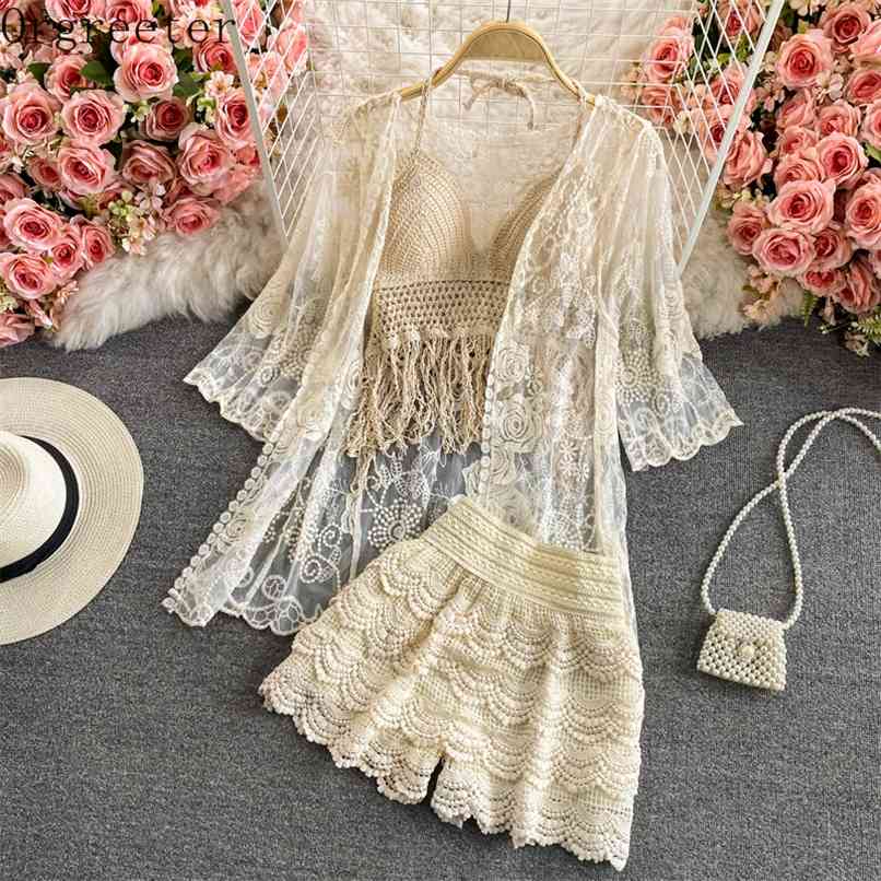 Holiday Beach Women's 3-piece Set Summer Lace Sun-proof Cardigan+ Tassel Spaghetti Strap Vest+Multi-layer lace Ruffle Shorts 210602, Beige
Holiday Beach Women's 3-piece Set Summer Lace Sun-proof Cardigan+ Tassel Spaghetti Strap Vest+Multi-layer lace Ruffle Shorts 210602, Beige