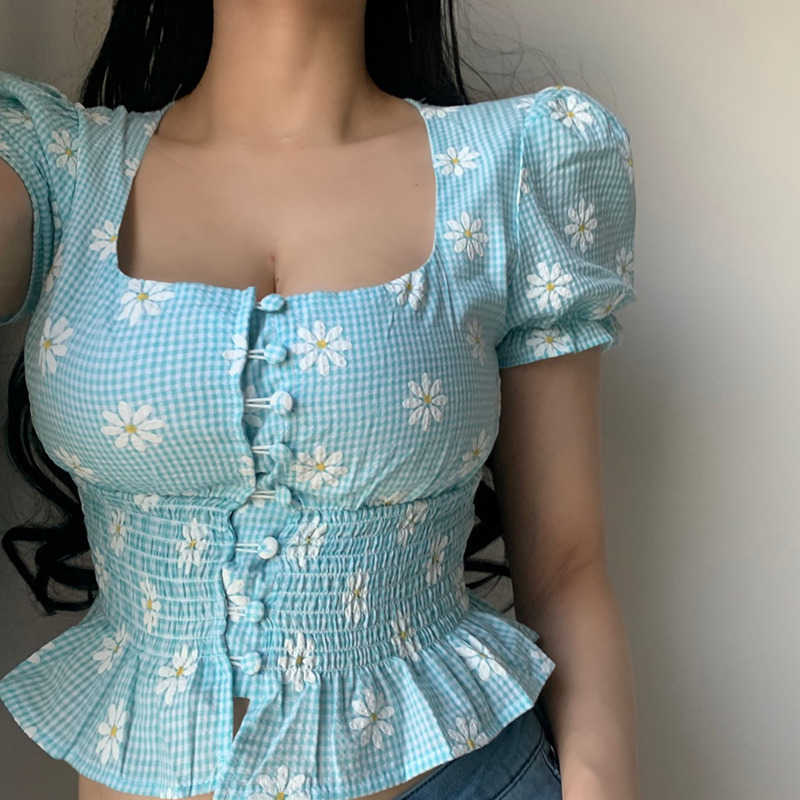 summer Sexy Girl Female Vintage Lace Short Exposed Navel Square Collar Small Fresh Floral Chrysanthemum blouse Shirt Q3N 210603, Blue
summer Sexy Girl Female Vintage Lace Short Exposed Navel Square Collar Small Fresh Floral Chrysanthemum blouse Shirt Q3N 210603, Blue