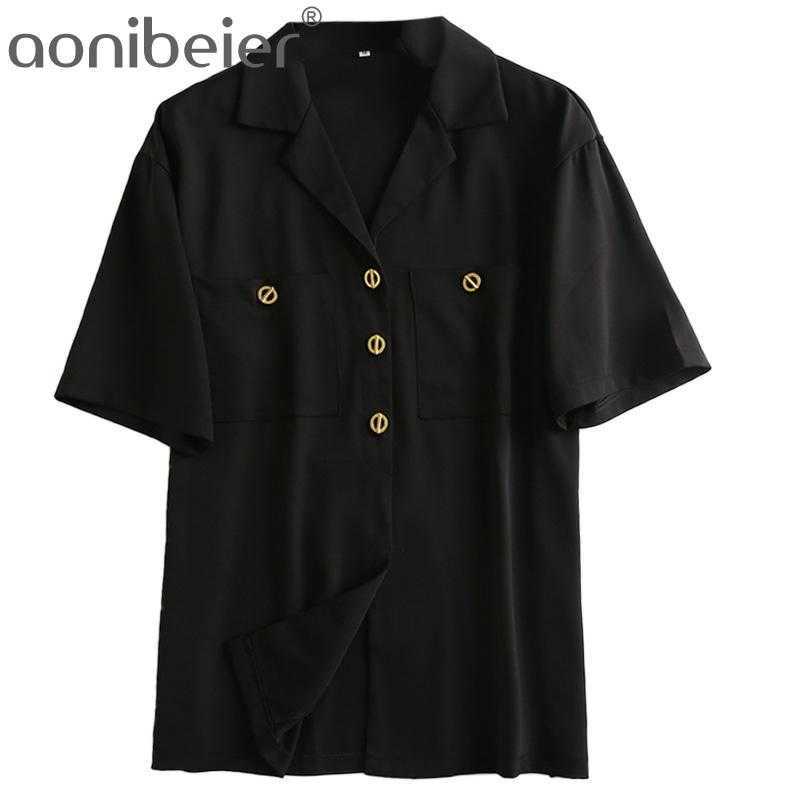 Summer Black Shirts Fashion Metal Buttons Notched Collar Drop Shoulder Short Sleeve Women Casual Blouses Female Tops 210604
Summer Black Shirts Fashion Metal Buttons Notched Collar Drop Shoulder Short Sleeve Women Casual Blouses Female Tops 210604