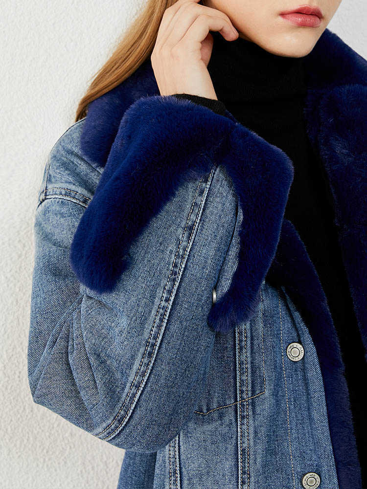 Minimalism Winter Thick Female Jacket Fashion Natural Rabbit Fur Collar Women's Denim 12070507 210527