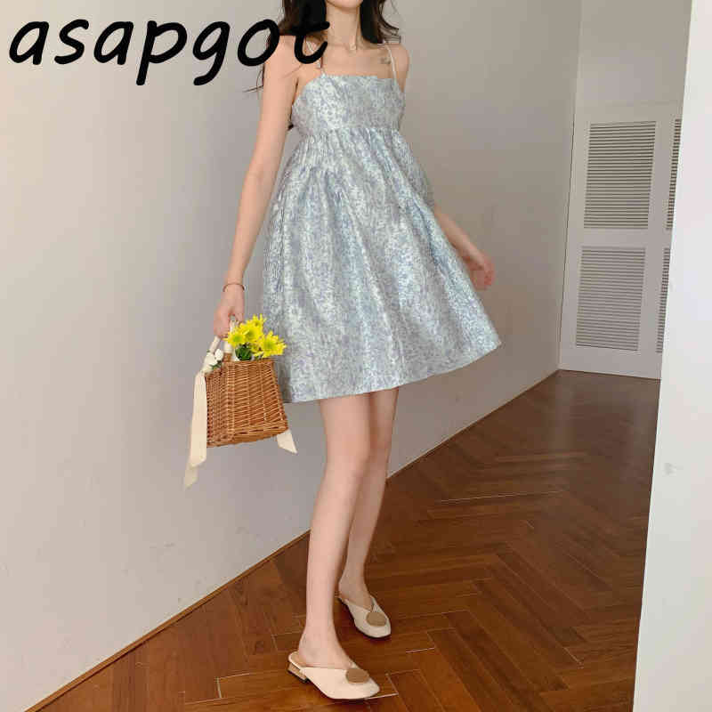 Dress Summer Fresh Sweet Retro Loose Girls Gentle Temperament Sexy Sleeveless Spaghetti Strap Mini Chic Vestidos Ball Gown 210429