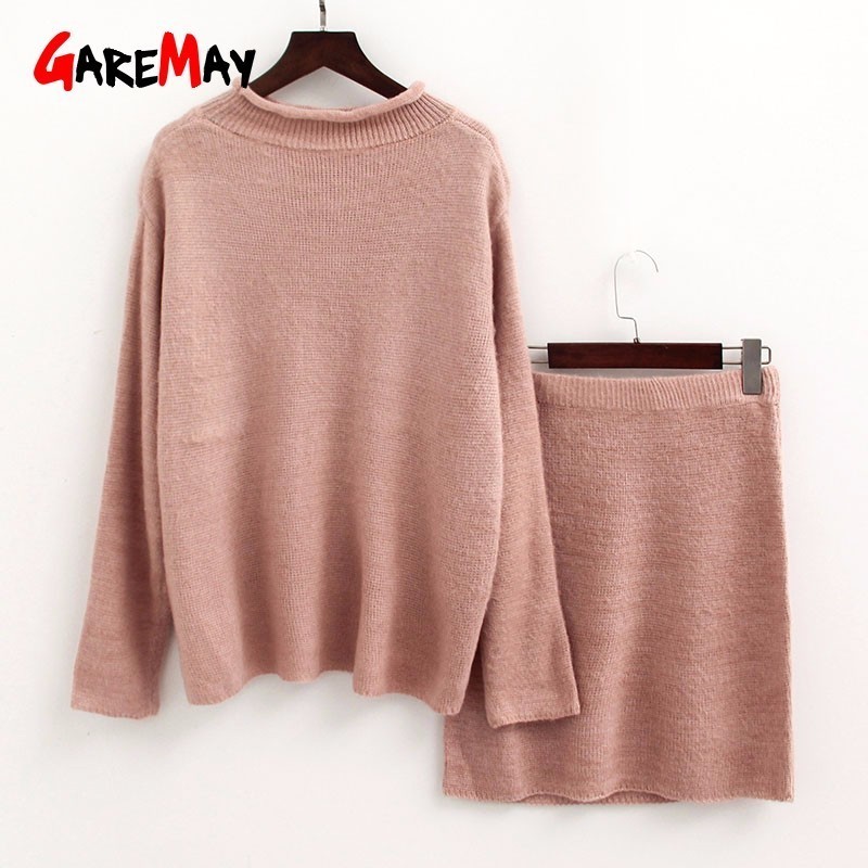 Two Piece Set Winter Office Wear O-Neck Knit Sweater Skirt Women Fasion Womens s For Clothing 210428