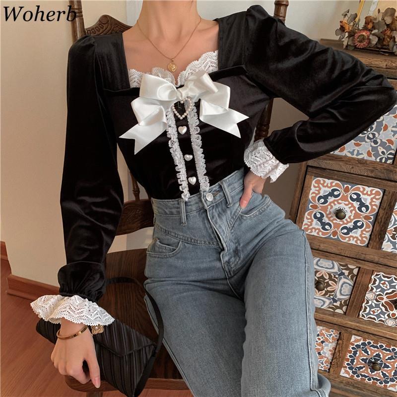 Blouse Women Arrival Vintgae Lace Shirts Square Collar Short Velvet Blouses Tops Blusas Mujer De Moda 4G705 210519
