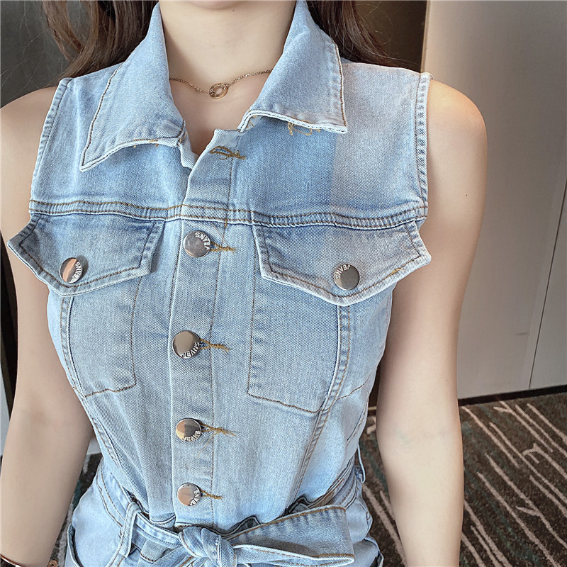 Summer Women Denim Overalls Korean Fashion Turn Down Collar Single-Breasted Sleeveless Rompers Jeans Female Slim Long Trousers 210519
