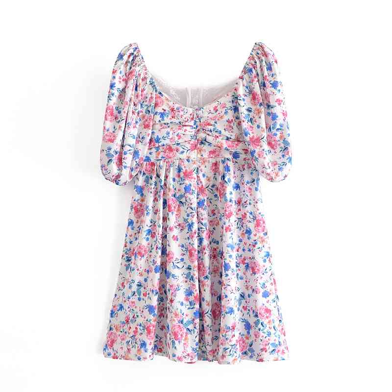 Summer Lace Square Collar Short Sleeve Floral Print Dress French A line Elegant Women Party Dresses Slim fit Vestido 210429