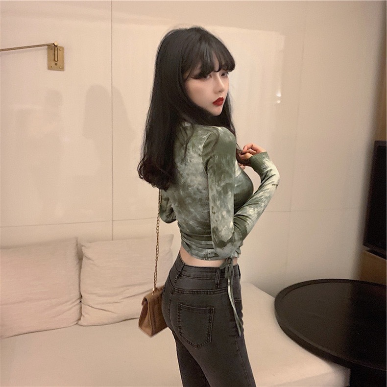 Sexy Tie Dye Cropped Long Sleeve T-shirt Crop Top Tie-die Woman Side Lacing up Waist Bandage Pullover Tee Streetwear 210429