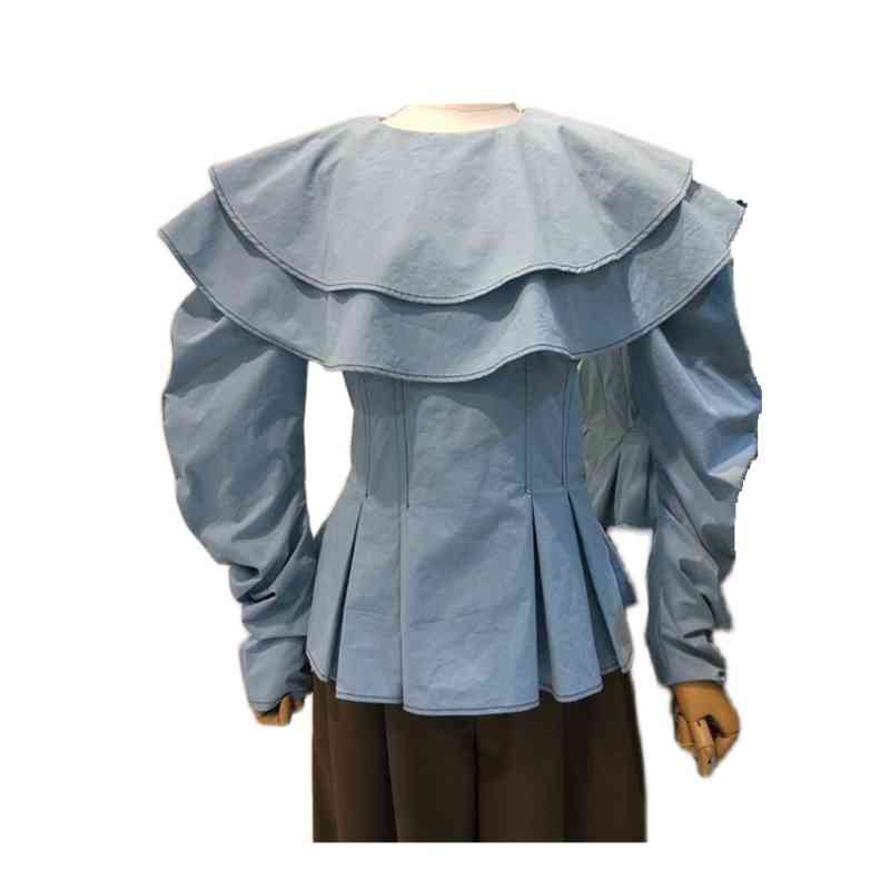 Nomikuma Korean Ruffle Double-layer Jeans Blouse Puff Long Sleeve Slim Waist Elegant Shirt Spring New Women Demin Top 6D788 210427