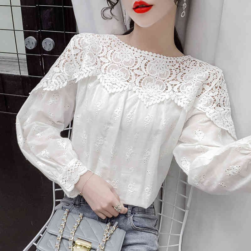Cotton White Shirts For Women Vintage Embroidery Hollow Out Lace Shirt Tops Female Loose Office Casual Blouses Blusas 13293 210508