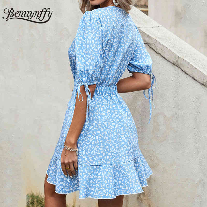 Sexy V-neck Button Front Ruffle Hem Short Dresses Summer Women Boho Floral Print Bow Sleeve Dress 210510