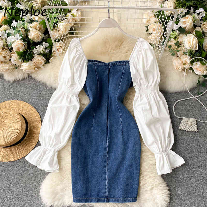Neploe Hit Color Patchwork Denim Dress Women High Waist Hip Slim A Line Vestidos Square Collar Clavicle Exposed Sexy Robe Spring 210422